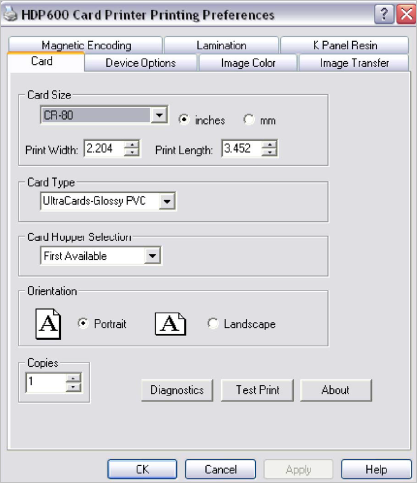 HDP 600 Card Printer Printing Preferences dialog box displaying the Card tab with various options for the card